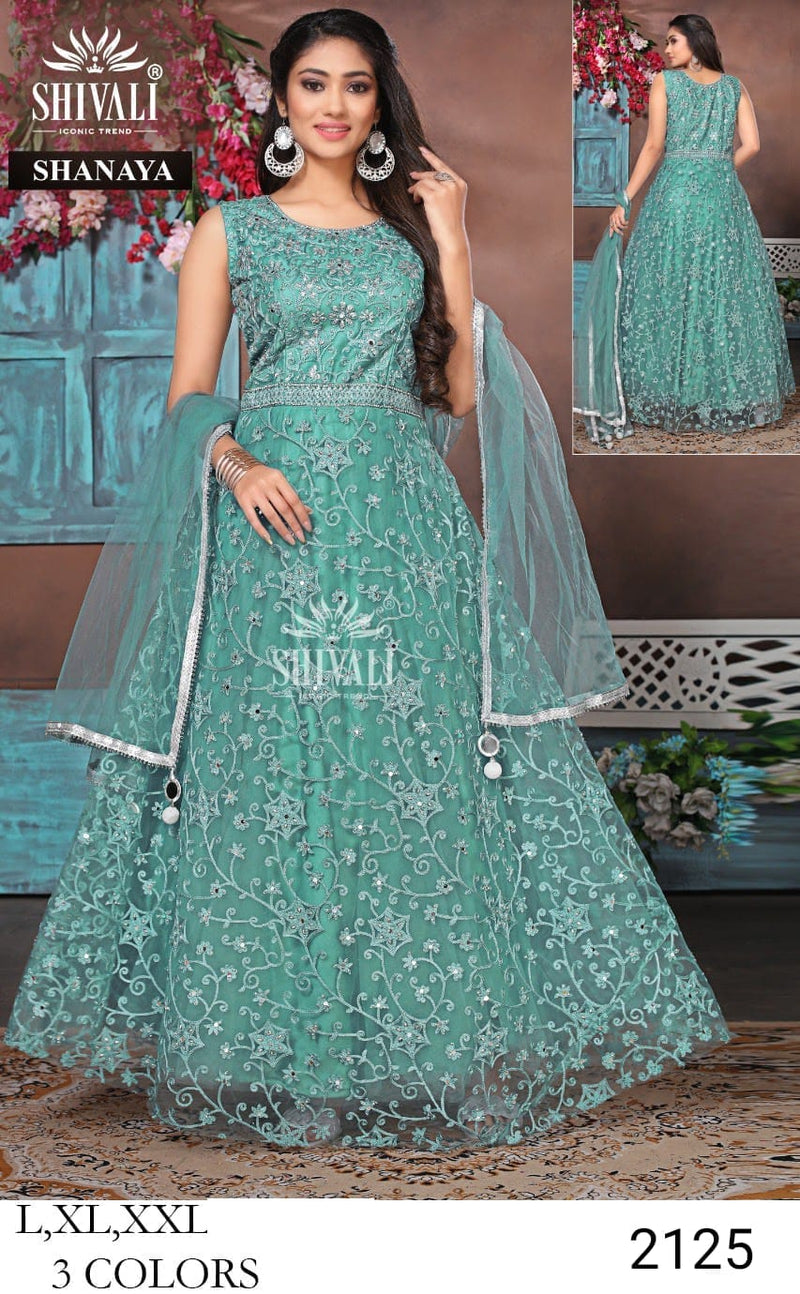 Captivating Light Cyan Color Party Wear Fancy Fabric Printed Long Gown